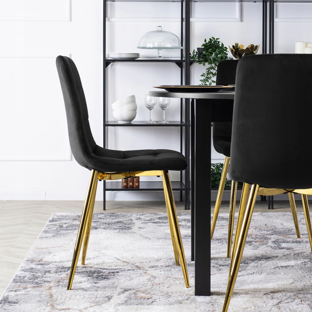 Mebel Elite Veliūrinė kėdė valgomojo kambariui Glamour aukso kojos svetainė kosmetiniam staliukui juoda YORK