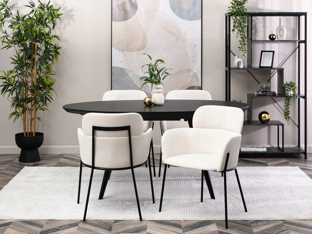Mebel Partner BIAGIO VELURINĖ KREMINĖ KĖDĖ SU porankiais VALGOMUI ANT JUODO PAGRINDO