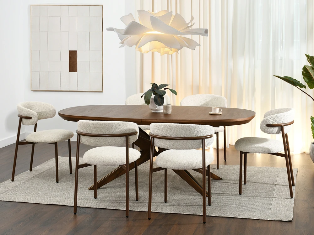Mebel Partner DIZAININĖ VALGOMO KĖDĖ LAMB BEIGE IZOLDA METAL GRAIKIETŲ RIEŠUTŲ PAGRINDAS
