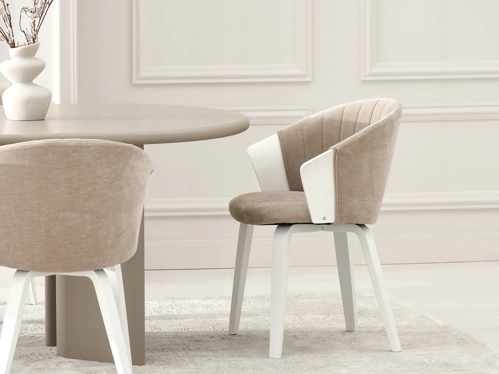 Mebel Partner ELEGANTIŠKA KAUŠINĖ KĖDĖ STILINGAM VALGOMO KAMBARIUI BEIGE GUZMAN BALTA MEDIENA
