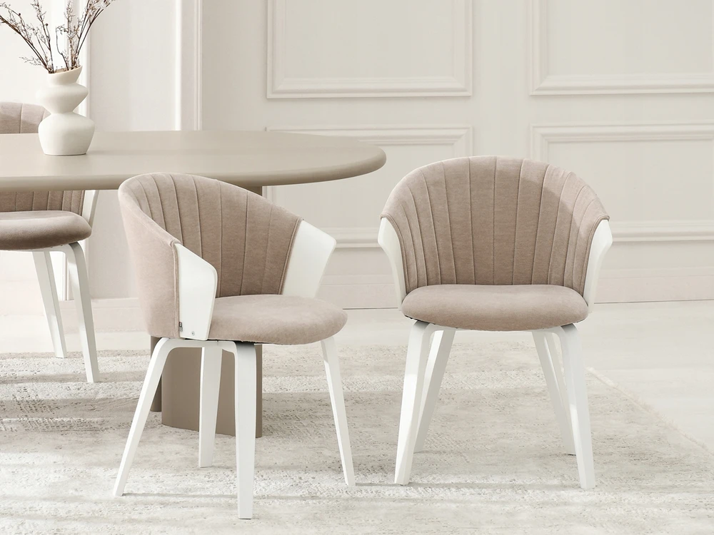 Mebel Partner ELEGANTIŠKA KAUŠINĖ KĖDĖ STILINGAM VALGOMO KAMBARIUI BEIGE GUZMAN BALTA MEDIENA