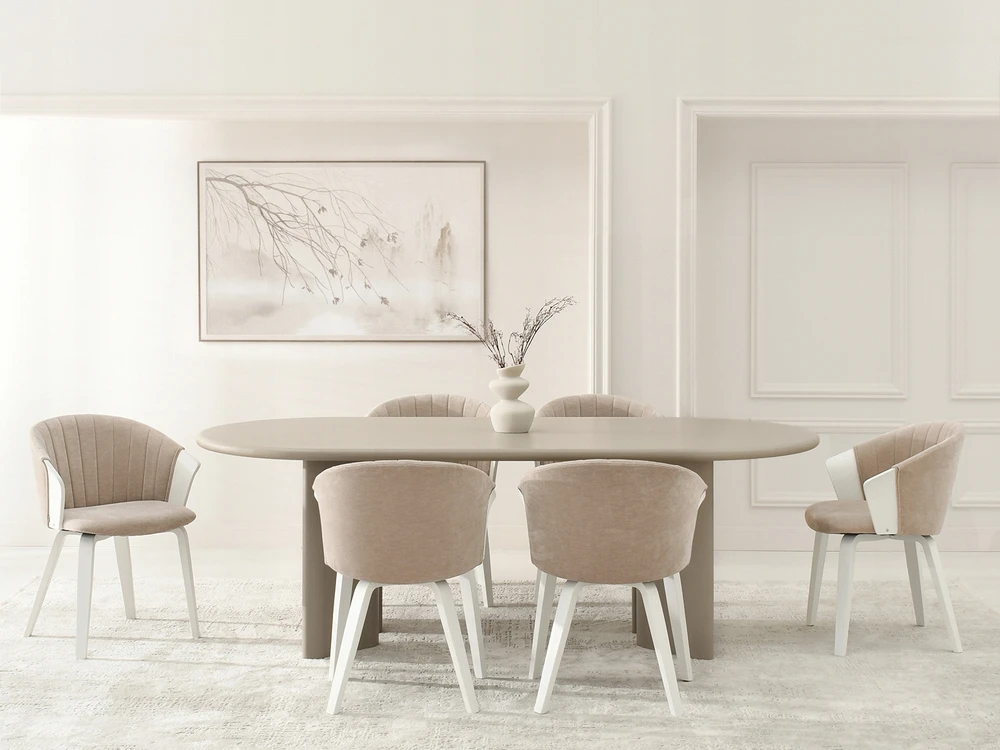 Mebel Partner ELEGANTIŠKA KAUŠINĖ KĖDĖ STILINGAM VALGOMO KAMBARIUI BEIGE GUZMAN BALTA MEDIENA