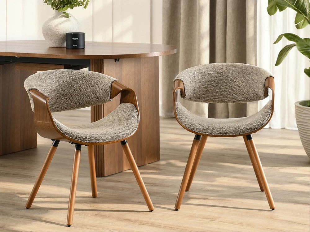Mebel Partner ELEGANTIŠKA KĖDĖ IŠ ŠENILIO AUDINIO BEŽINĖ SUlenktos graikinių riešutų kojos