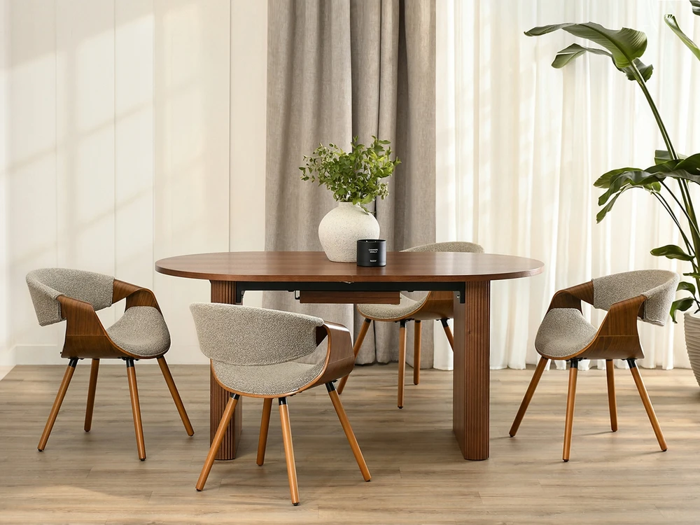 Mebel Partner ELEGANTIŠKA KĖDĖ IŠ ŠENILIO AUDINIO BEŽINĖ SUlenktos graikinių riešutų kojos