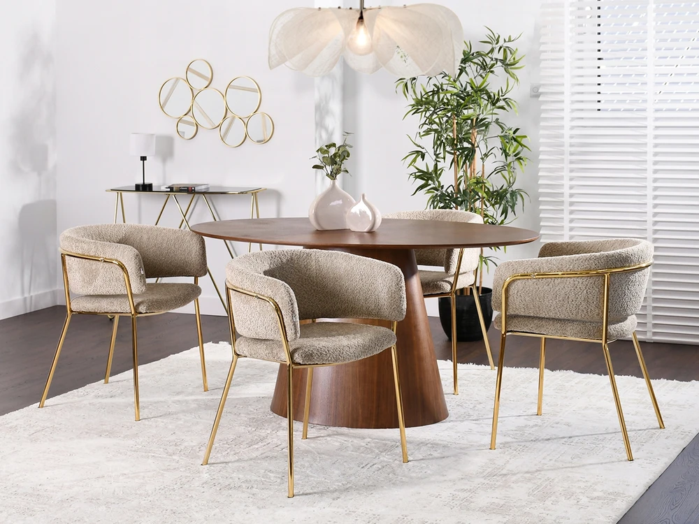 Mebel Partner ELEGANTIŠKA PATOGI SORIN BOUCLE BEIGE KĖDĖ AUKSINĖMIS KOJĖLĖMIS