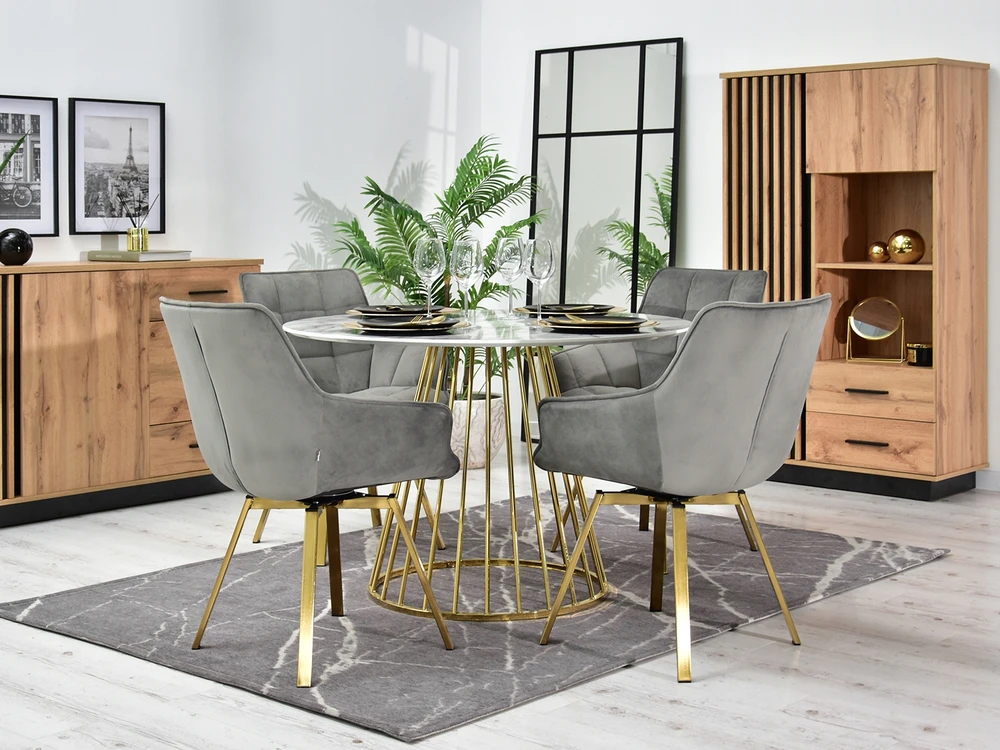 Mebel Partner ELEGANTIŠKA SUKAMOJI KĖDĖ ARUBA VALGOMO KAMBARIAI PILKAS AKSOMINIS AUKSO PAGRINDAS