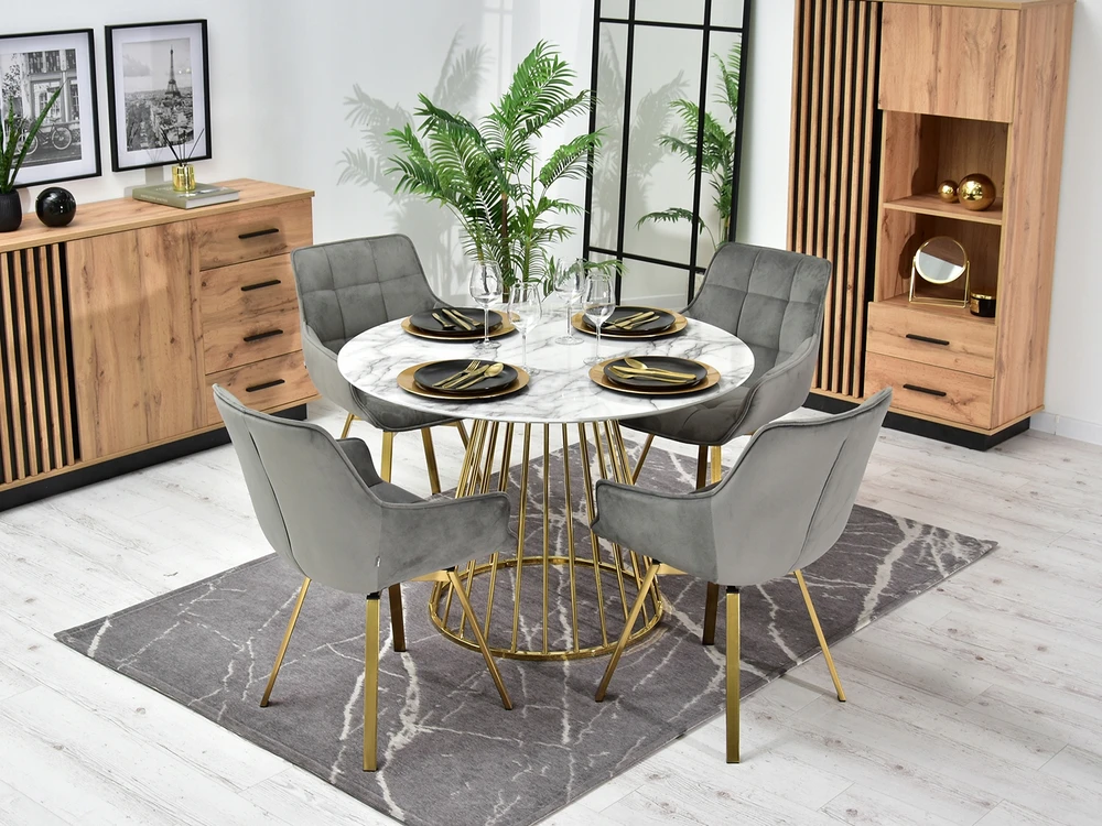 Mebel Partner ELEGANTIŠKA SUKAMOJI KĖDĖ ARUBA VALGOMO KAMBARIAI PILKAS AKSOMINIS AUKSO PAGRINDAS