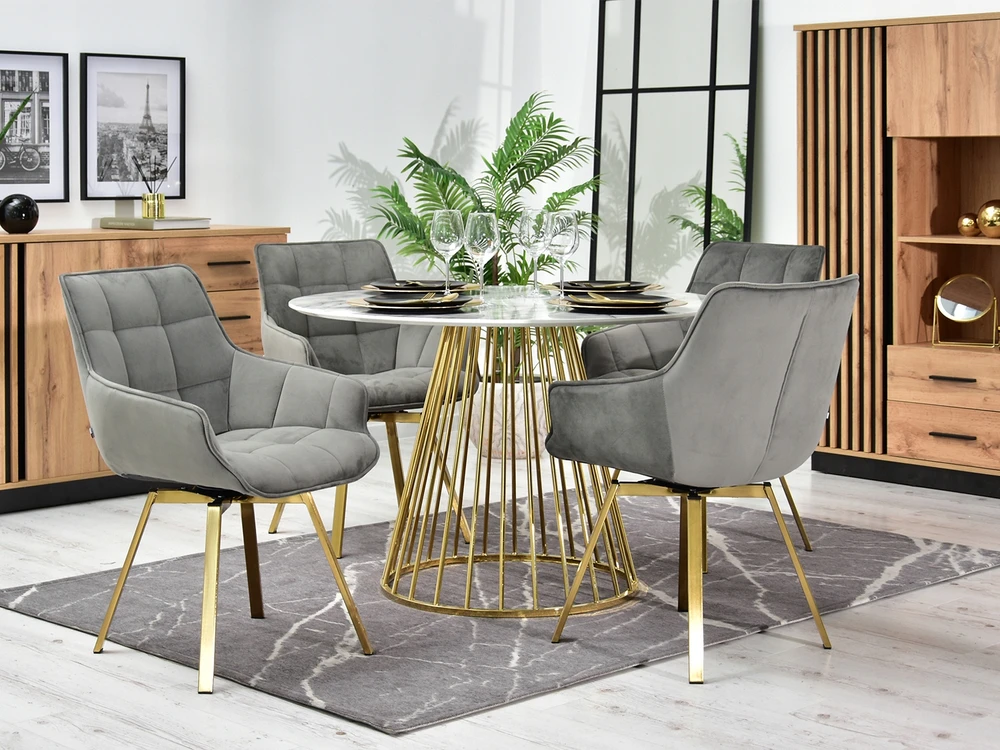 Mebel Partner ELEGANTIŠKA SUKAMOJI KĖDĖ ARUBA VALGOMO KAMBARIAI PILKAS AKSOMINIS AUKSO PAGRINDAS