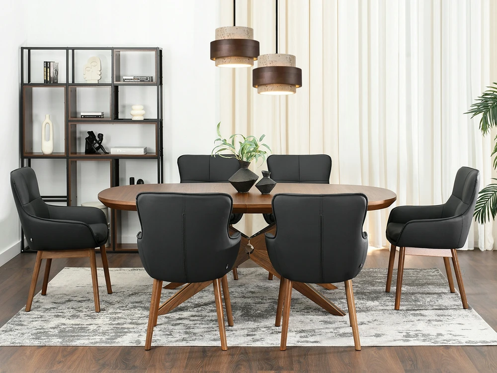 Mebel Partner ELEGANTIŠKA VALGOMO KĖDĖ SU porankiais JUODOS CORDIA GRAIKIŲ RIEŠUTŲ EKO ODA