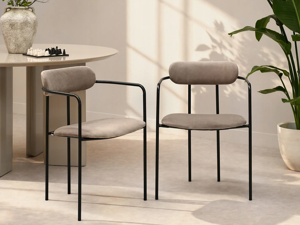 Mebel Partner ELEGANTIŠKOS KĖDĖS SU JUODU RĖMUOTU MALAGA PORANKIAIS BEGE VELOUR PREMIUM