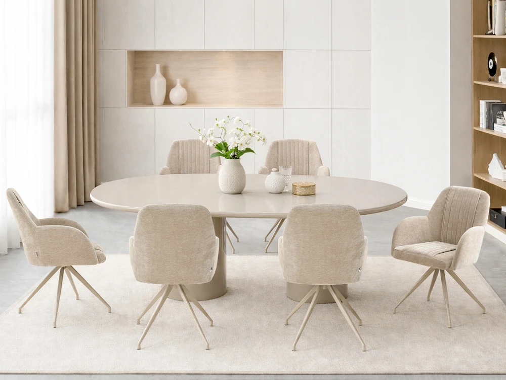 Mebel Partner ELEGANTIŠKOS SUKAMOS KĖDĖS SU STILINGIAIS SIŪVE SVETAINEI CHIARA BEIGE