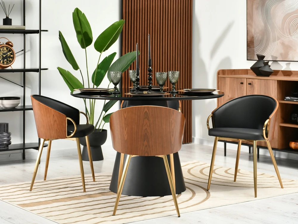 Mebel Partner ELVIRA MINŠTA VALGOMO KĖDĖ, Juodas RIEŠUTAS, EKO ODA, AUKSINĖ koja
