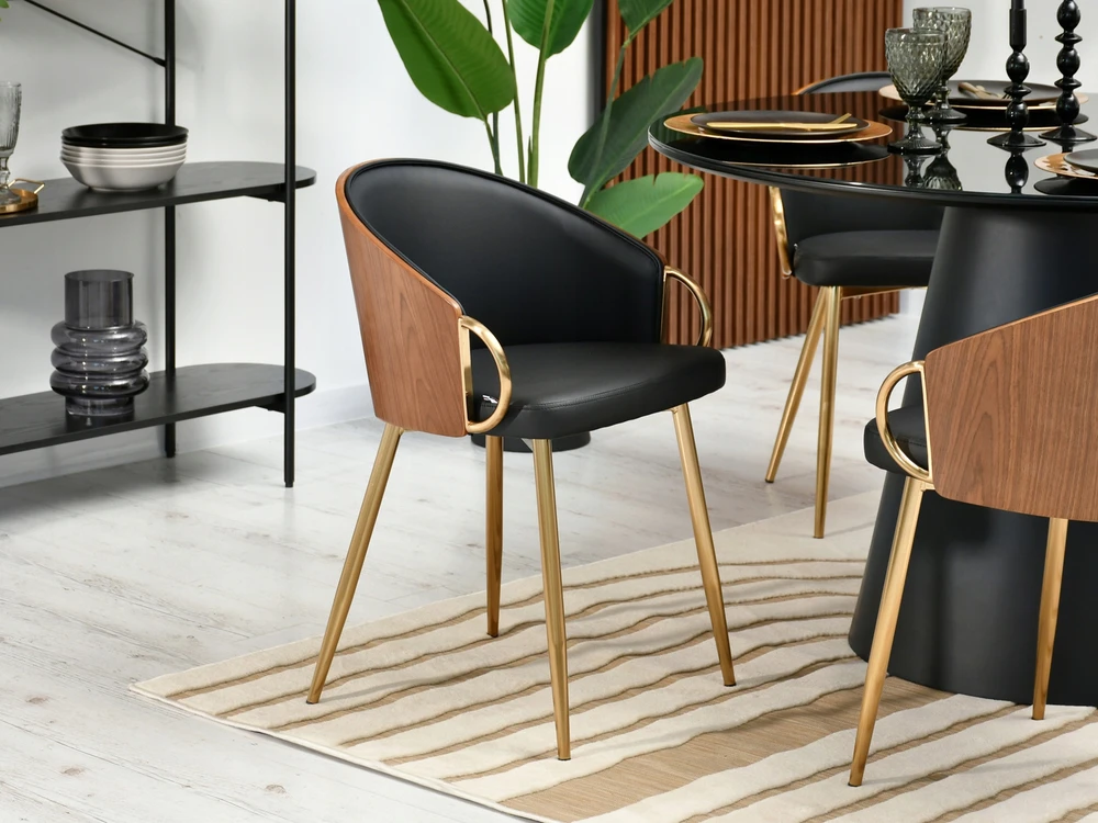 Mebel Partner ELVIRA MINŠTA VALGOMO KĖDĖ, Juodas RIEŠUTAS, EKO ODA, AUKSINĖ koja
