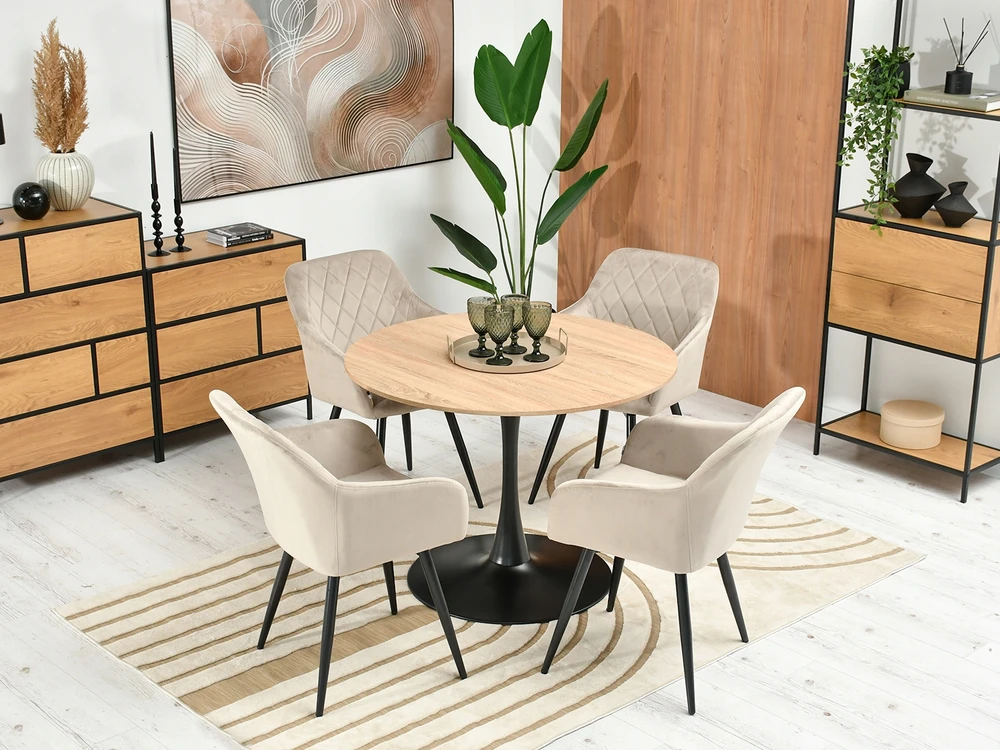 Mebel Partner KAIŠINĖ KĖDĖ IŠ VELVETINĖS SIŪVĖS KĖDĖS ANT tvirtos rąstinės kojos, smėlio spalvos