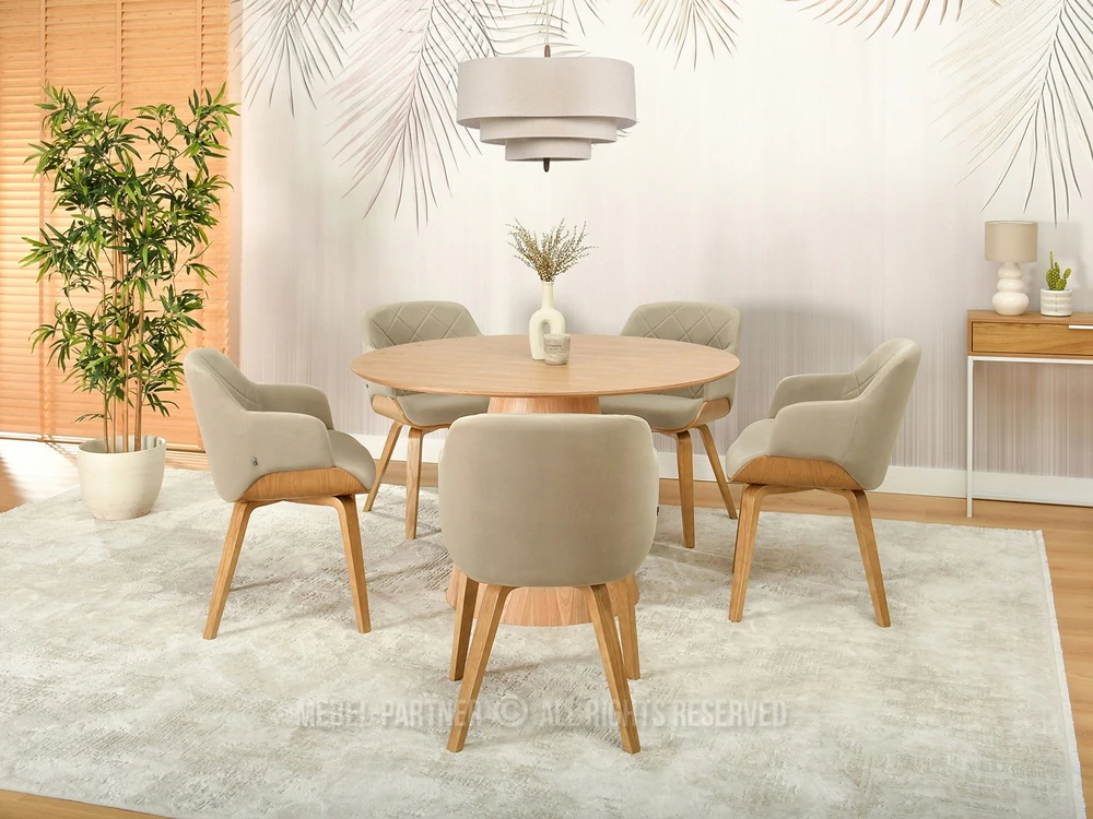 Mebel Partner KAUŠINĖ KĖDĖ SU SUSIŪSTU ATGALĖJU IŠ VELIŪRO IR MEDIENOS SAMBOR BEIGE Ąžuolo