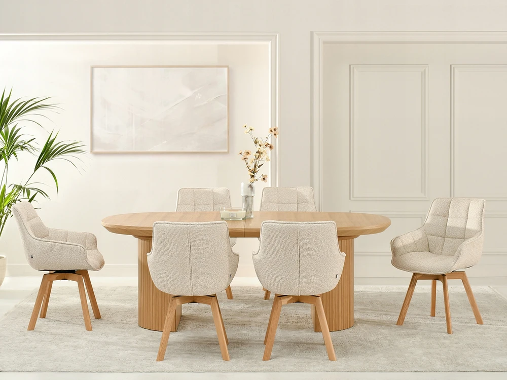 Mebel Partner KREMINĖ KĖDĖ SU STORIAIS KILPĖS APmušalais SU ARUBA RANKŲ ATRAMAIS Ąžuolo kojomis