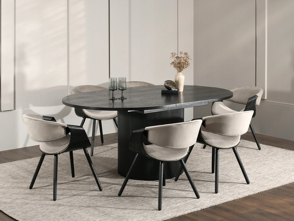 Mebel Partner MADINGA ELEGANTI KĖDĖ IŠ MEDINĖS faneros Veliūras, lenktas juodas smėlio spalvos