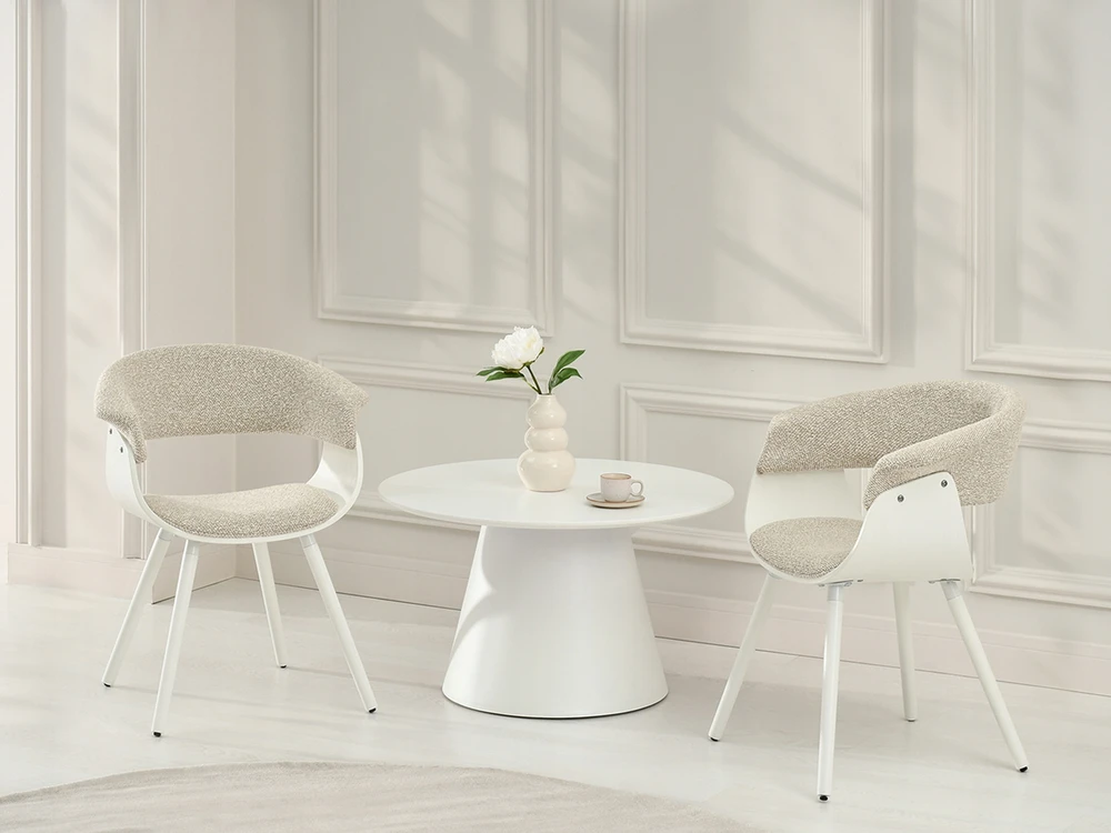 Mebel Partner MINIMALISTINĖ KAUŠINĖ KĖDĖ SVETAINEI BEIGE ŠENILĖ ELINA BALTA MEDIENA