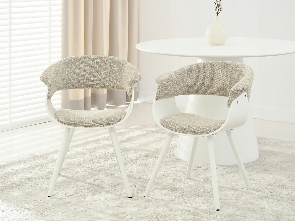Mebel Partner MINIMALISTINĖ KAUŠINĖ KĖDĖ SVETAINEI BEIGE ŠENILĖ ELINA BALTA MEDIENA