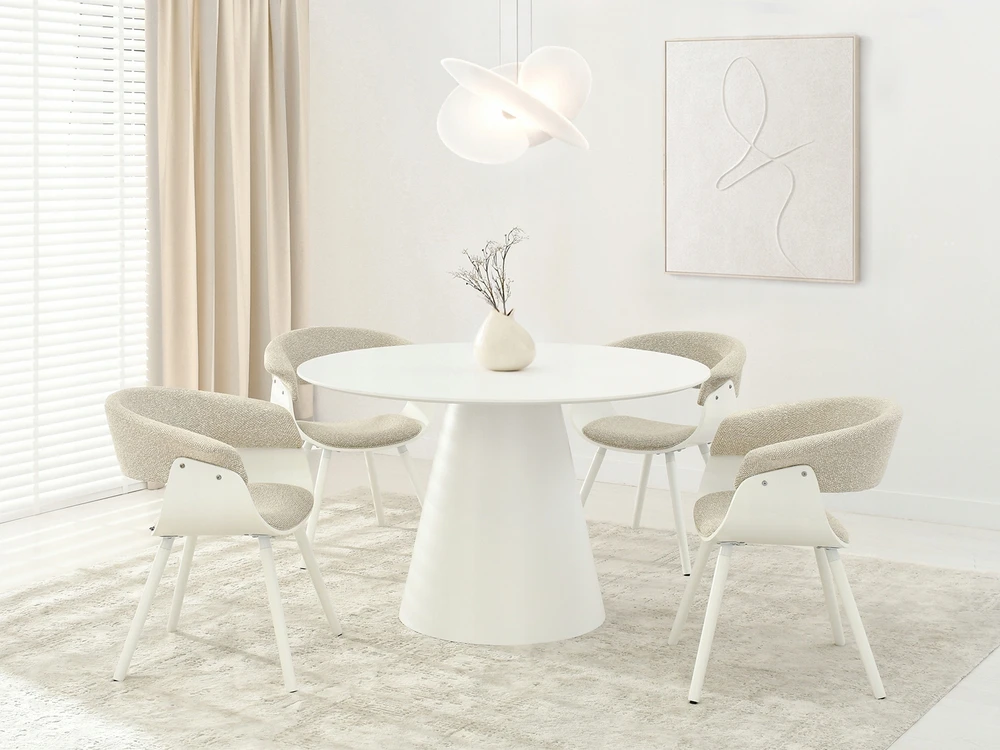 Mebel Partner MINIMALISTINĖ KAUŠINĖ KĖDĖ SVETAINEI BEIGE ŠENILĖ ELINA BALTA MEDIENA