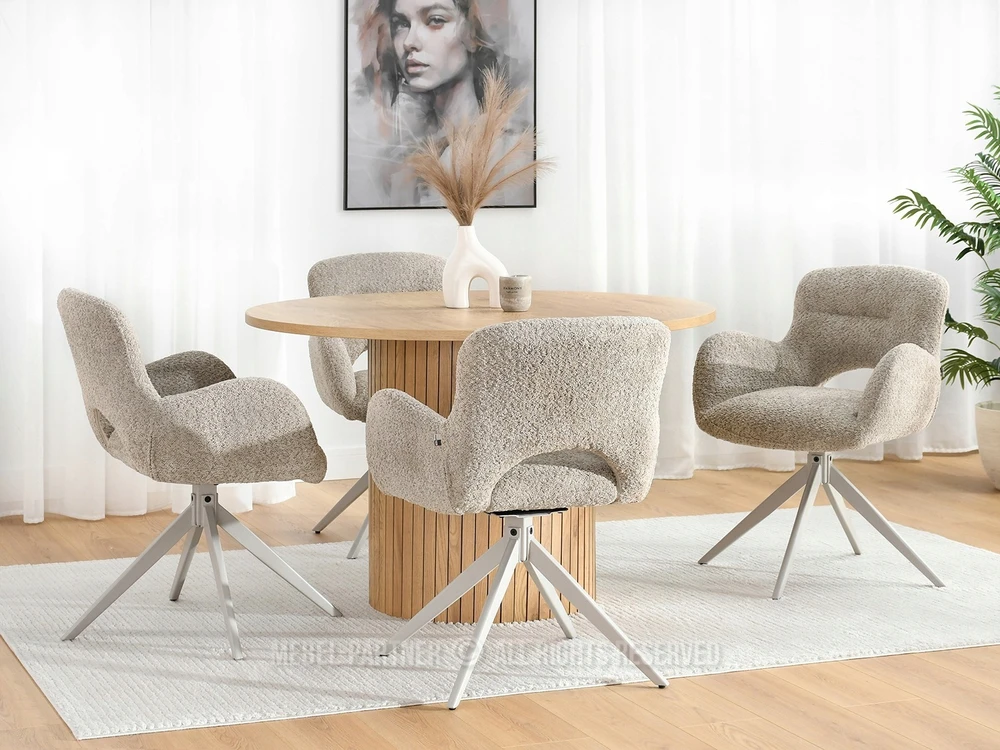 Mebel Partner MINKŠTA SUKAMA KĖDĖ IŠ miletinio smėlio spalvos MOTERIŠKO AUDINIO ANT PILKOS KOJĖS