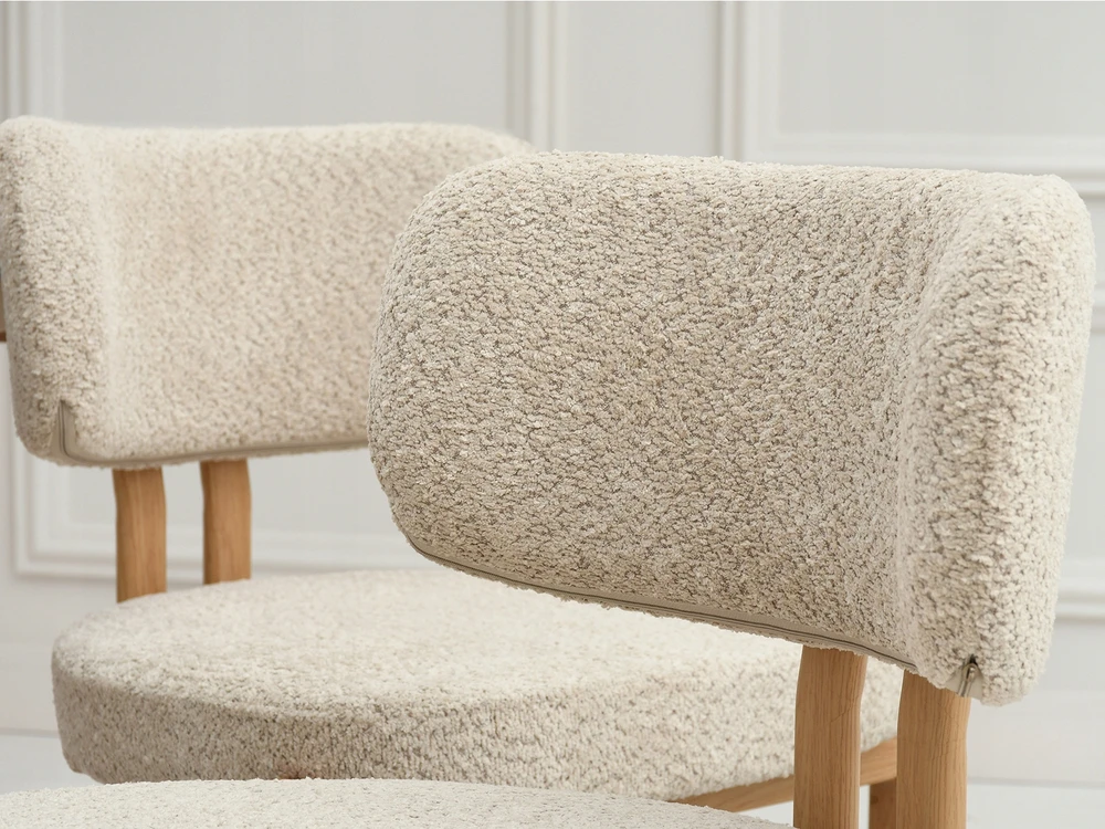 Mebel Partner PATOGI KĖDĖ IŠ BEIGE BOUCLE AUDINIO, JAPANDI STYLE KELIS, Ąžuolo kojos