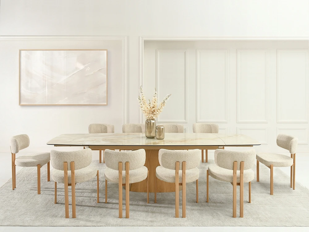 Mebel Partner PATOGI KĖDĖ IŠ BEIGE BOUCLE AUDINIO, JAPANDI STYLE KELIS, Ąžuolo kojos
