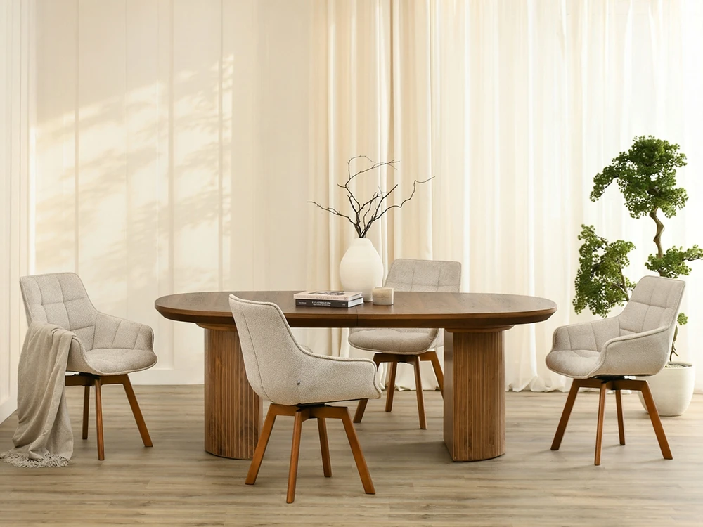 Mebel Partner PATOGI KĖDĖ SU RANKŲ ATRAŠKAIS SUSIŪVAMA BEGE MELANGE ARUBA GRAIKIŲ RIEŠUTU