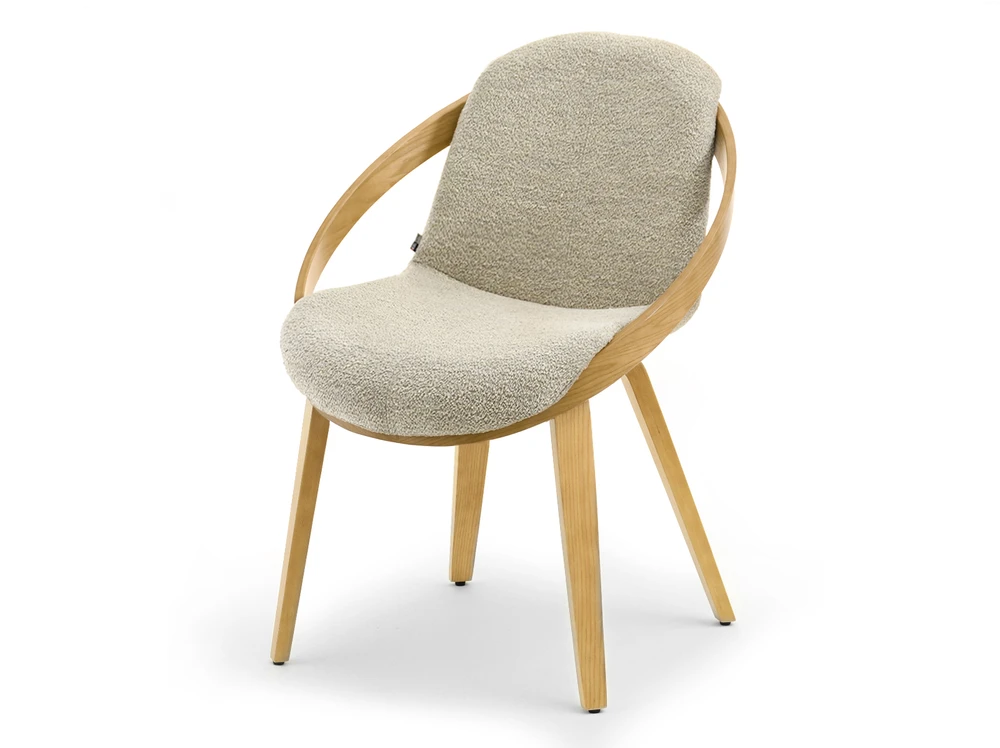 Mebel Partner STILINGA KĖDĖ SU DEKORATYVIU Ratlankiu, LENKTA MEDIENA LAGOS BOUCLE BEIGE Ąžuolas