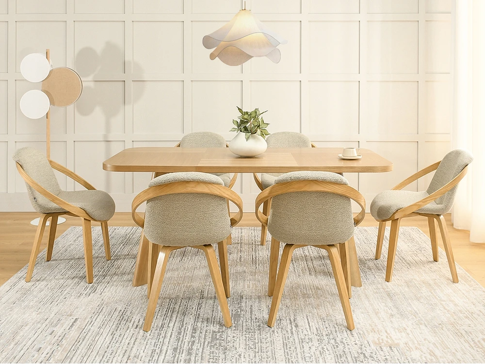 Mebel Partner STILINGA KĖDĖ SU DEKORATYVIU Ratlankiu, LENKTA MEDIENA LAGOS BOUCLE BEIGE Ąžuolas