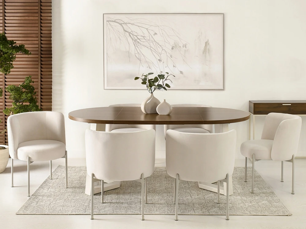 Mebel Partner STILINGA KIAUŠINĖ KĖDĖ VALGOMUI VELIURINIS KILMĖS ŠVIESOS KOJĖS CHARLOT CREAM BEIGE