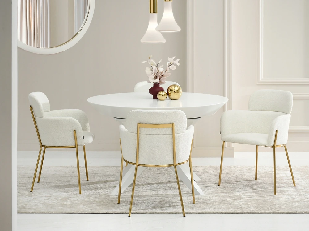 Mebel Partner STILINGA SVETAINES KĖDĖ SU porankiais BOUCLE BIAGIO CREAM GOLD