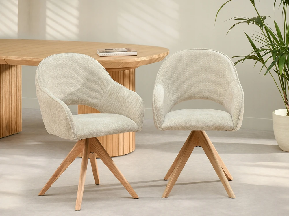 Mebel Partner SUKIAMOSIOS VALGOMO KĖDĖS IŠ SMILIAUS smėlio spalvos AUDINIO LEONOR Ąžuolo koja