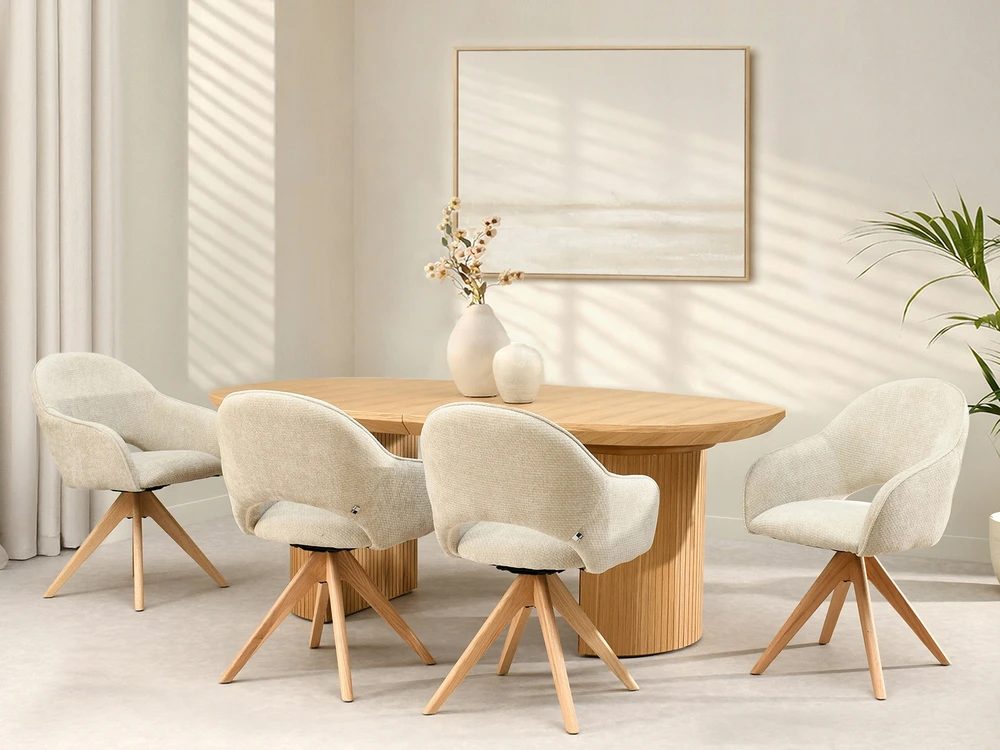 Mebel Partner SUKIAMOSIOS VALGOMO KĖDĖS IŠ SMILIAUS smėlio spalvos AUDINIO LEONOR Ąžuolo koja
