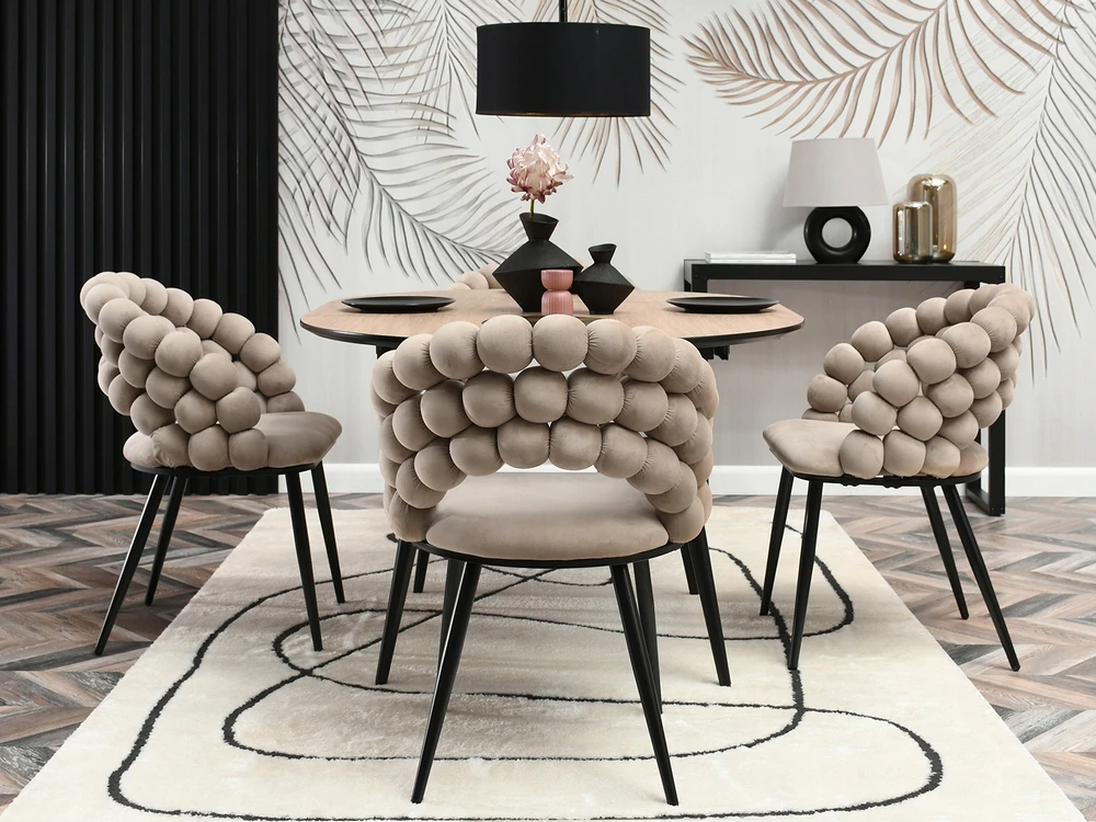 Mebel Partner VELIŪRINĖ KĖDĖ SU BURBULIUOTA ATGARA LUCY BEIGE BURBULU ANT JUODŲ KOJŲ