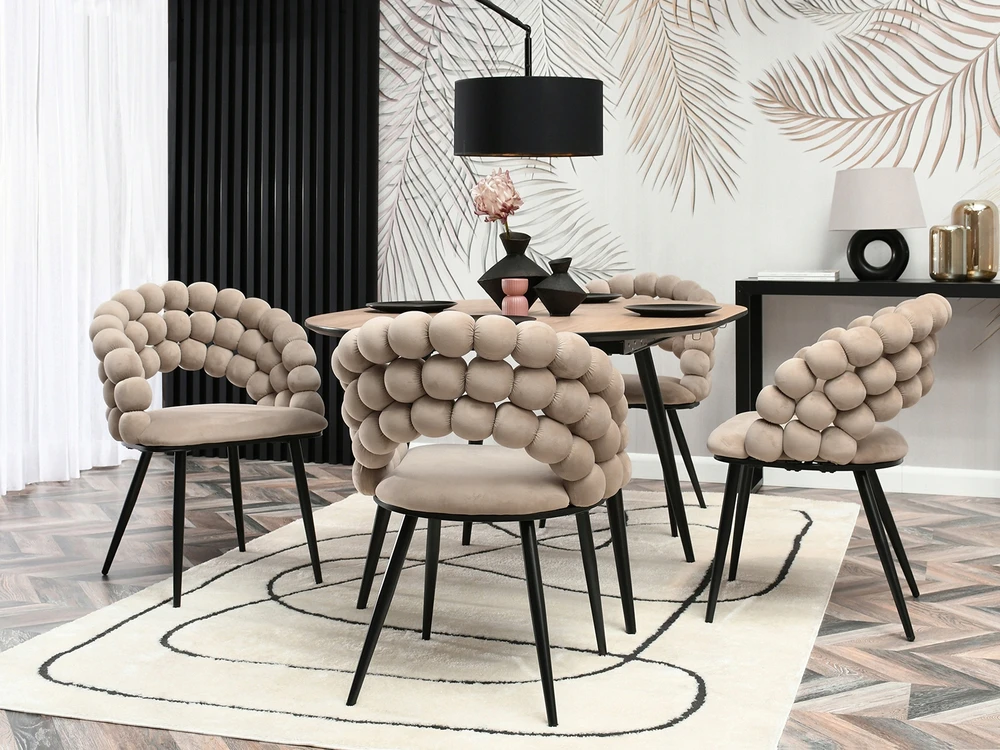 Mebel Partner VELIŪRINĖ KĖDĖ SU BURBULIUOTA ATGARA LUCY BEIGE BURBULU ANT JUODŲ KOJŲ