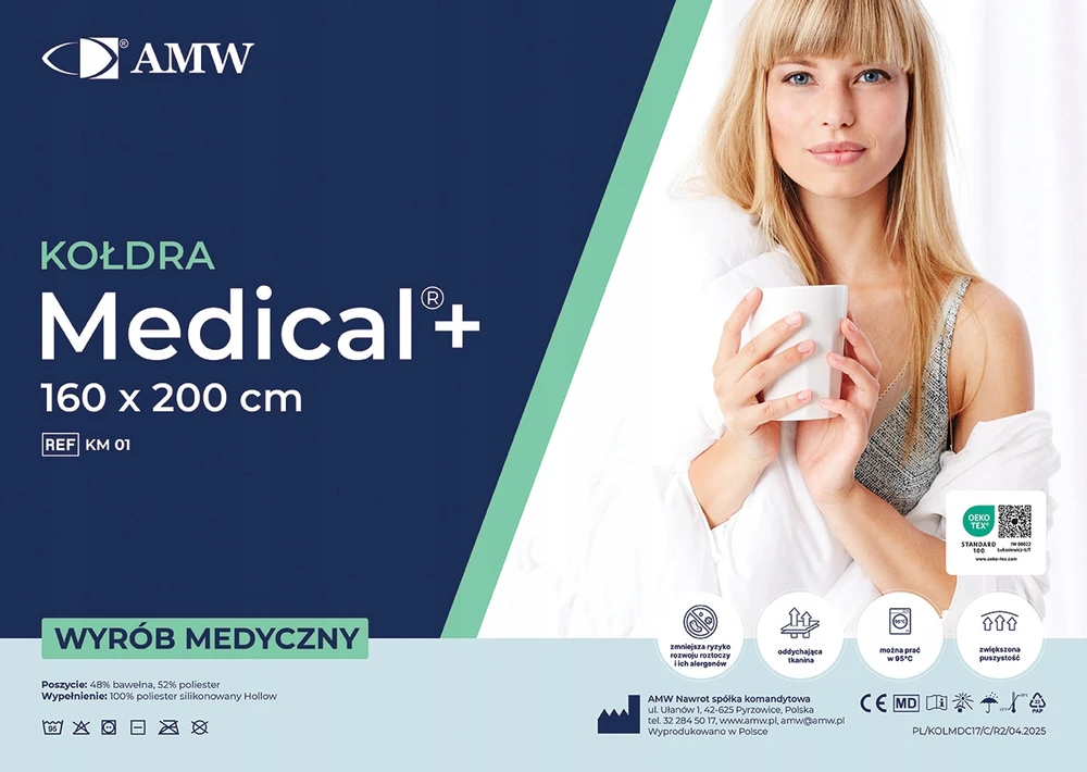 AMW Antialerginė antklodė 160x200 cm, medicininė, dviejų sluoksnių dizainas visiems sezonams, baltas medvilnės ir poliesterio užvalkalas, skalbiama antklodė