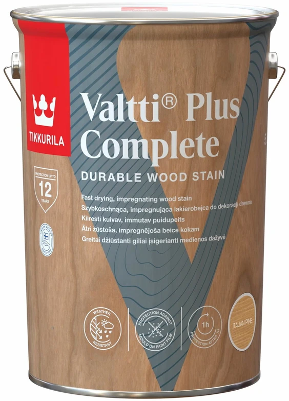 Medienos dažyvė TIKKURILA VALTTI PLUS COMPLETE, šilko matiniai, tamsiai rudos sp., 5 l