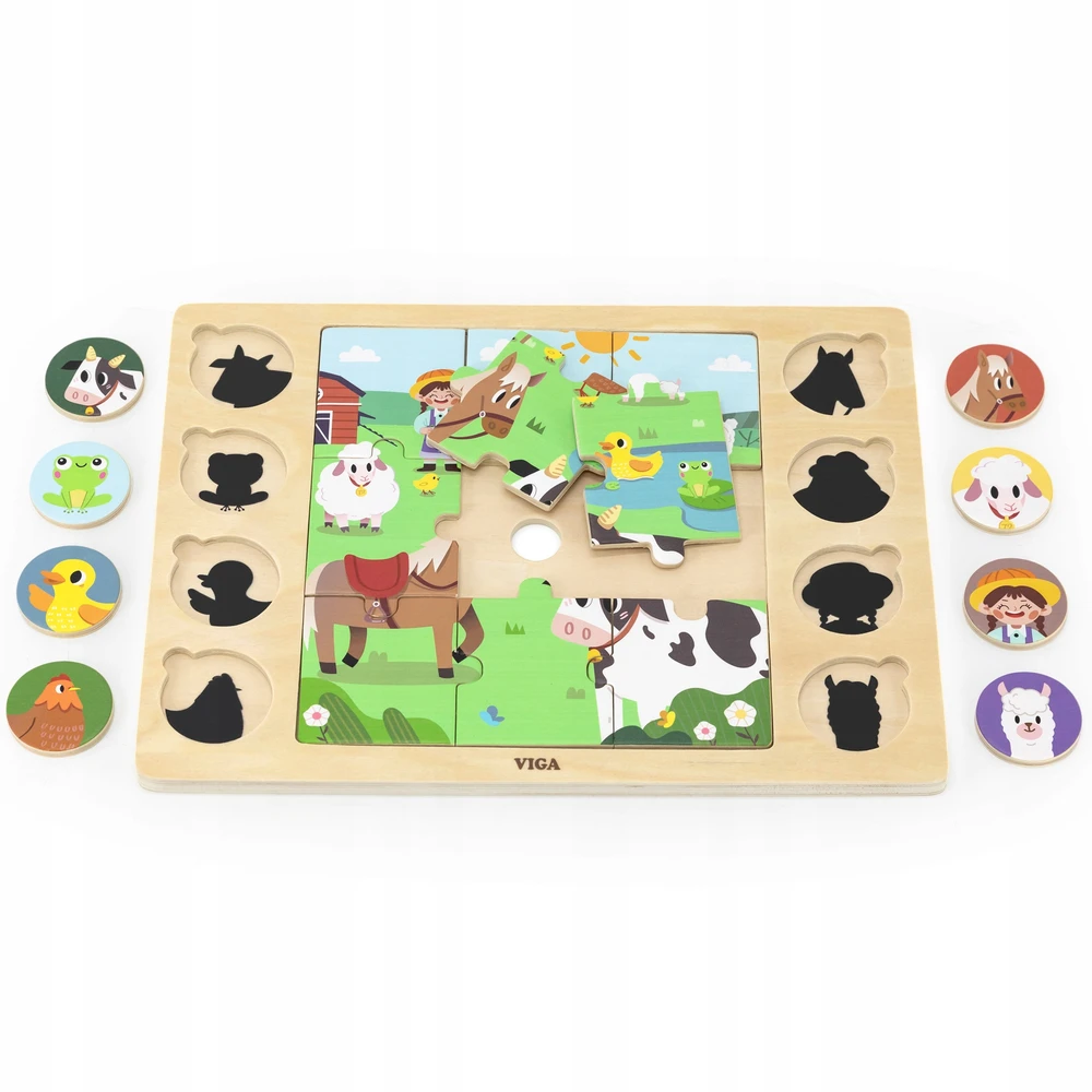 Mediniai dėlionės puzzle VIGA Atspėk iš šešėlio ferma 17 detalių