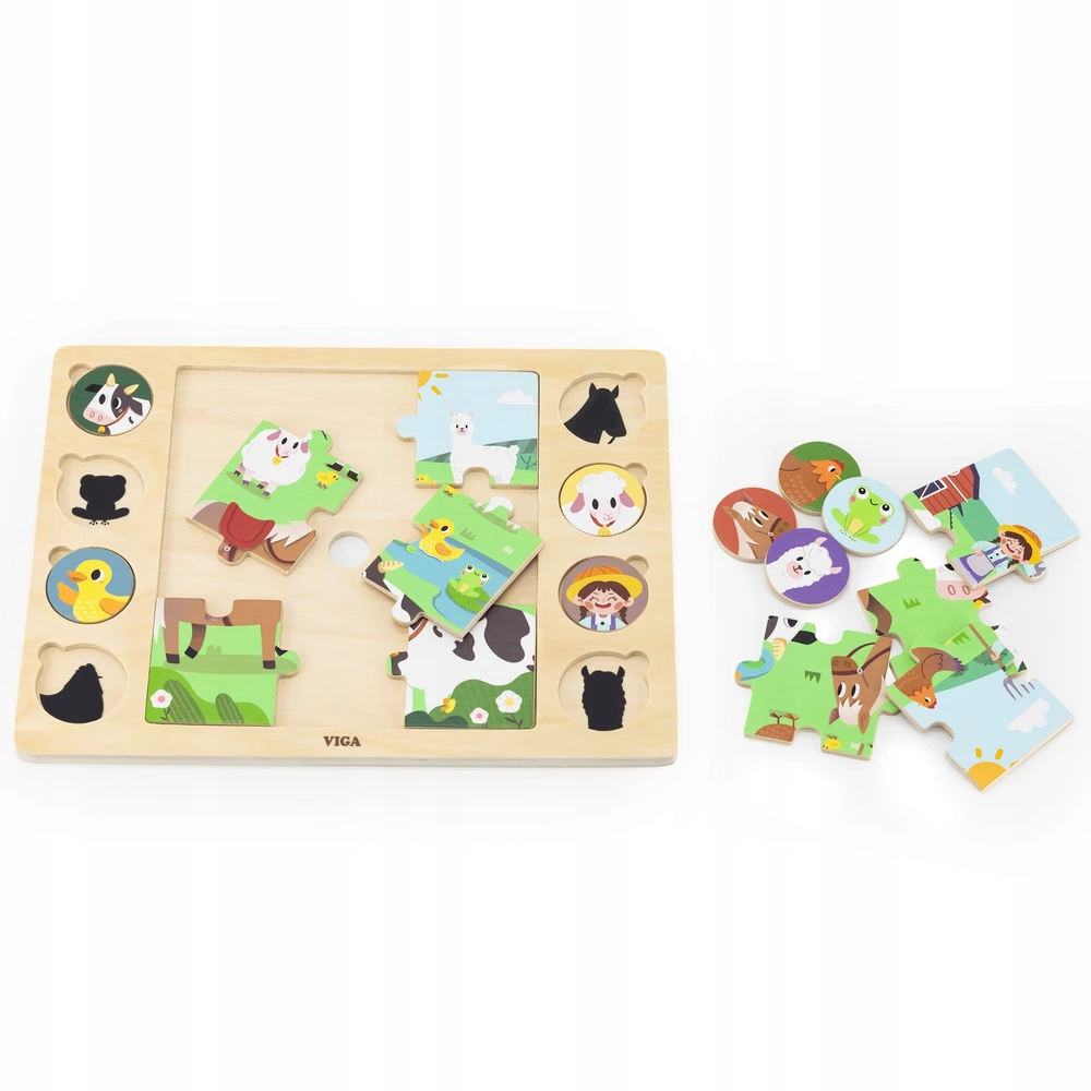 Mediniai dėlionės puzzle VIGA Atspėk iš šešėlio ferma 17 detalių