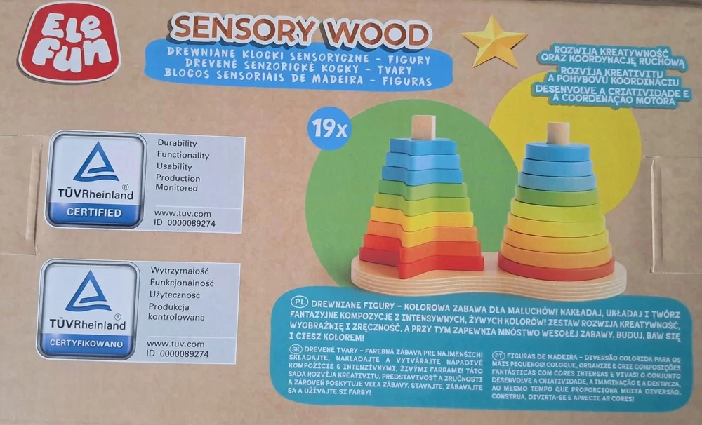 Medinės sensorinės kaladėlės EleFun Sensory Wood Figures Bokštai 19 vnt.