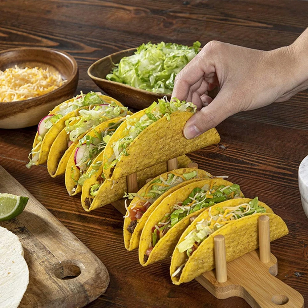 Medinis „Taco“ laikiklis „Tortilla“ stovas bulvių traškučių kukurūzų suktinimui, telpa 8 tacos