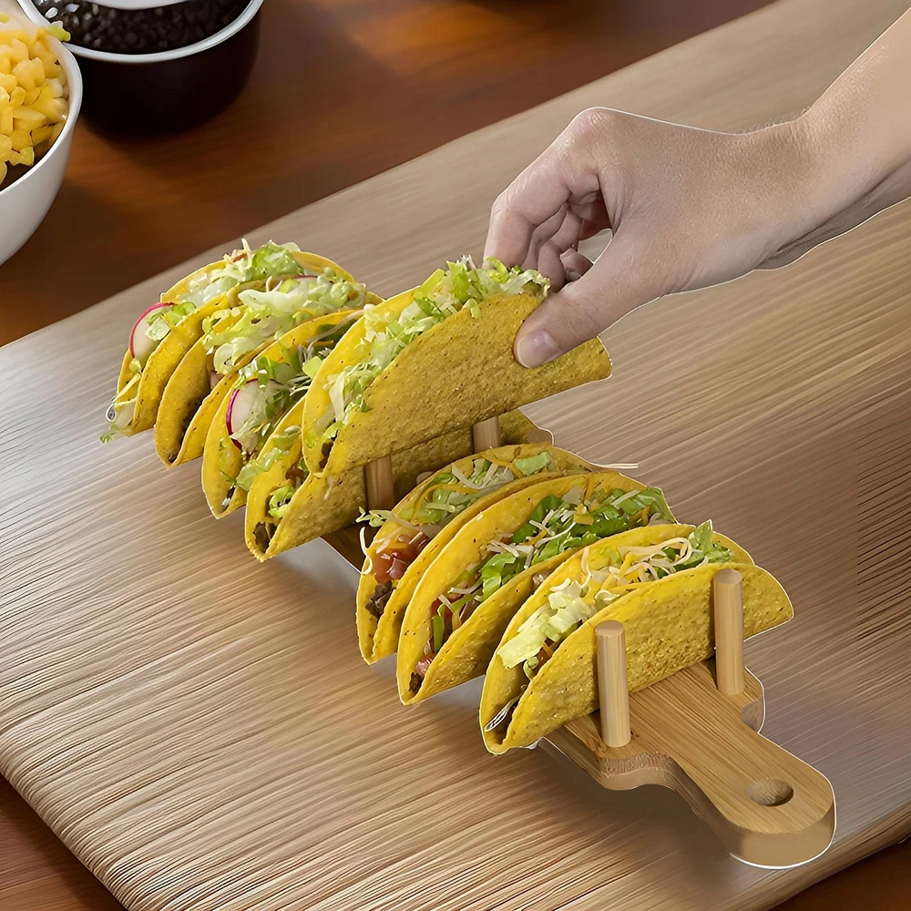 Medinis „Taco“ laikiklis „Tortilla“ stovas bulvių traškučių kukurūzų suktinimui, telpa 8 tacos
