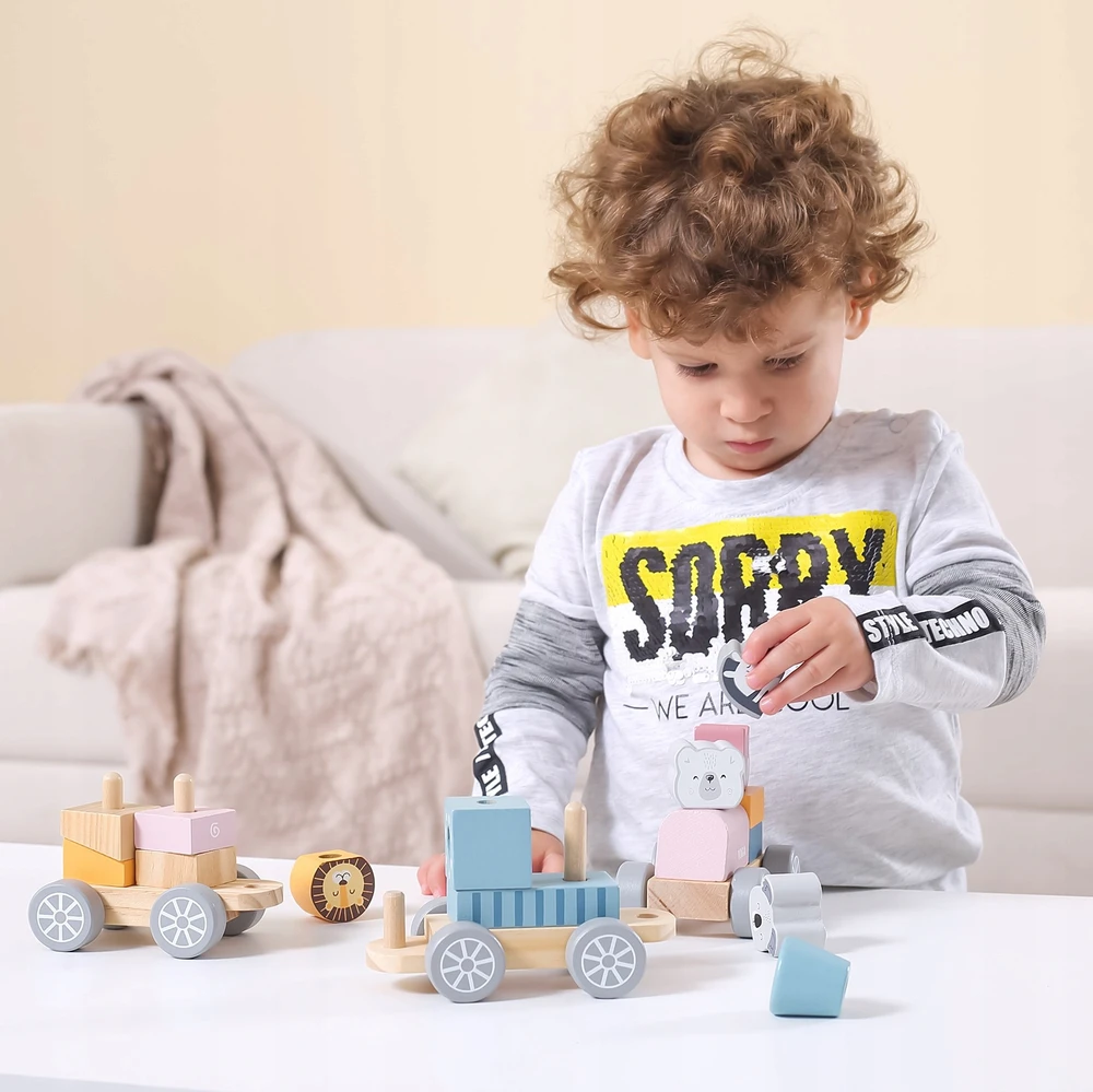 Viga medinis traukinys su vagonais ir gyvūnais PolarB Montessori
