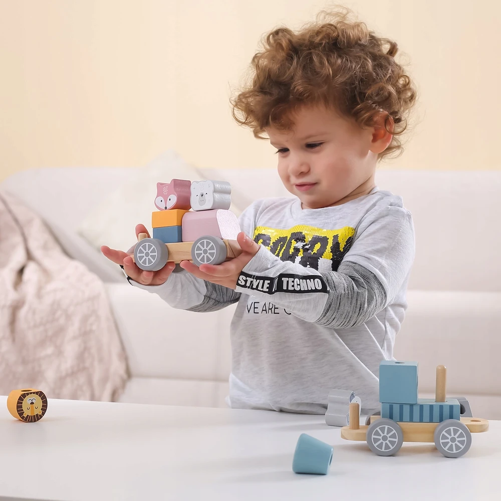 Viga medinis traukinys su vagonais ir gyvūnais PolarB Montessori