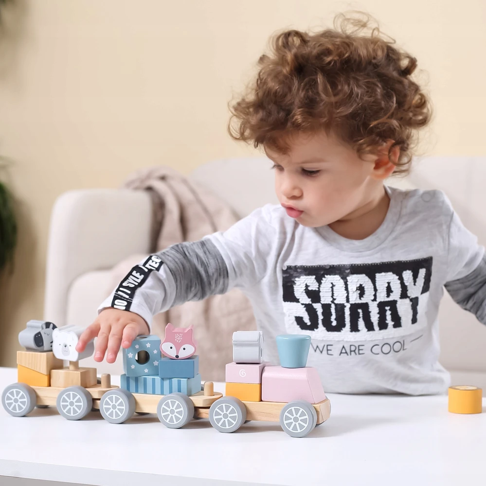 Viga medinis traukinys su vagonais ir gyvūnais PolarB Montessori