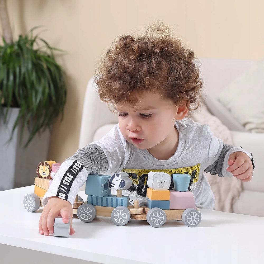 Viga medinis traukinys su vagonais ir gyvūnais PolarB Montessori