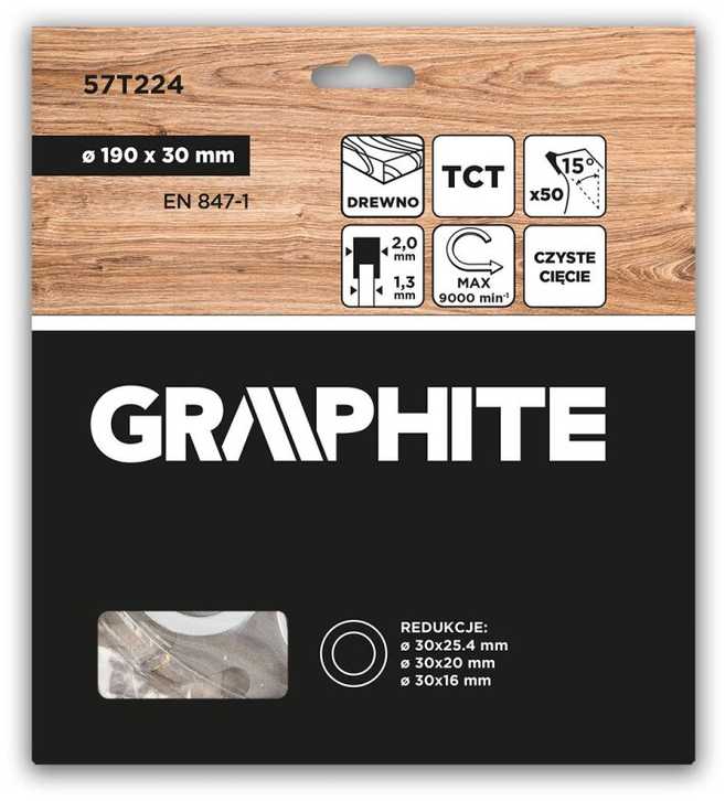 Tarcza Medžio pjovimo diskas GRAPHITE, 190 x 2,0 x 30 mm, 50 dantų, TCT