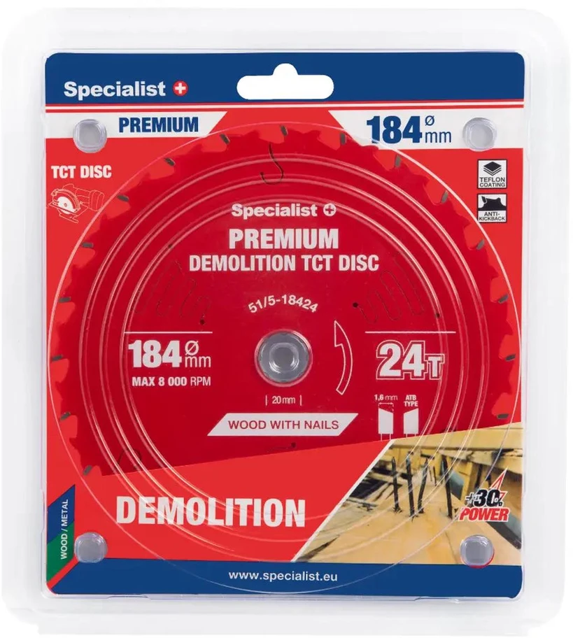 Medžio pjovimo diskas SPECIALIST+ Premium Demolition, 190 x 1,6 x 30 mm, 24 dantų, 18°, TCT