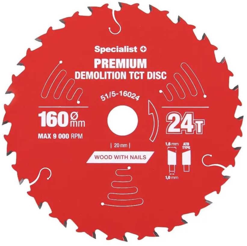 Medžio pjovimo diskas SPECIALIST+ Premium Demolition, 160 x 1,6 x 20 mm, 24 dantų, 18°, TCT